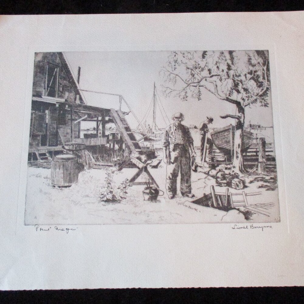 Vintage 1940's Signed Lionel Barrymore (actor) Lithograph "Point Magu" 16" x 12"